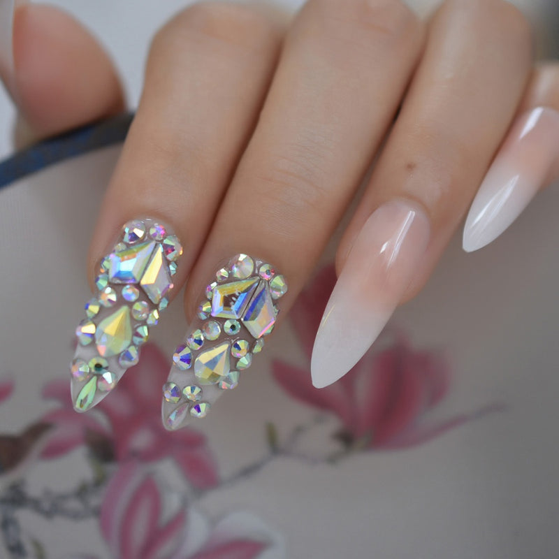 Stilletto French  ombre nails with rhinestones 