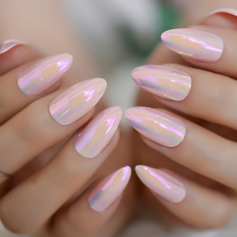 Sereia - Bright pink holographic stiletto oval shape nails 