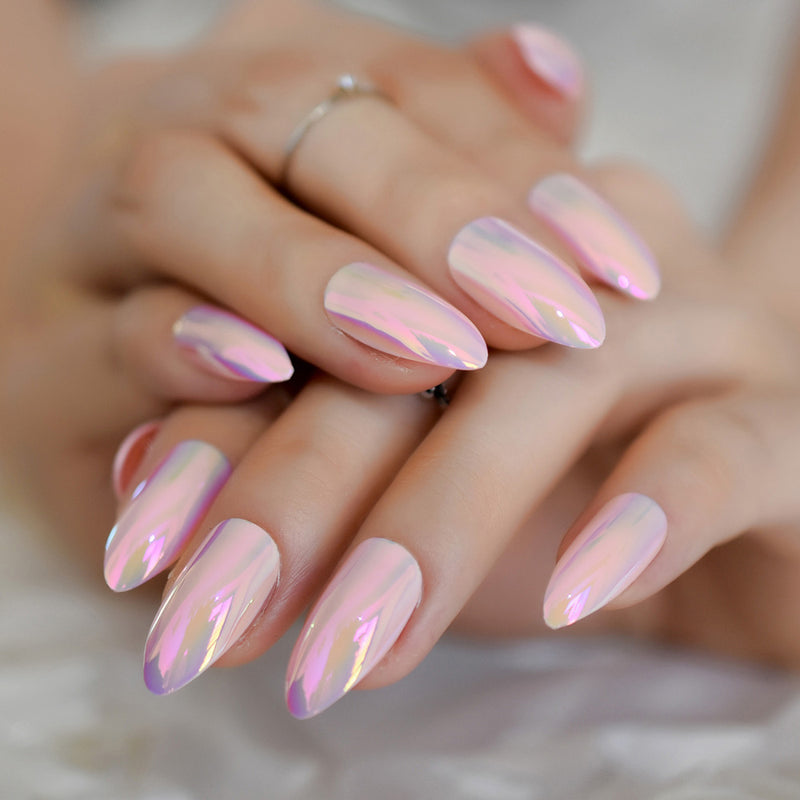 Sereia - Bright Pink holographic stiletto oval shape nails 