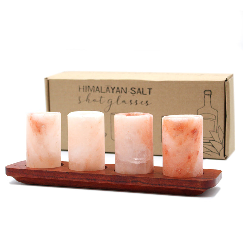 Himalayan Salt Shot Set with Carved Wood Serving Stand