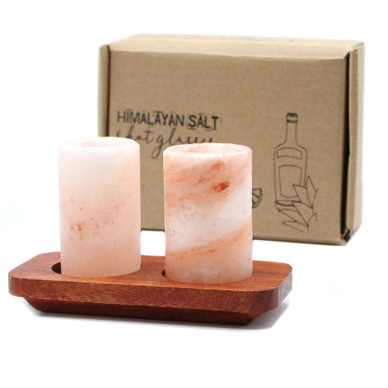 Himalayan Salt Shot Set with Carved Wood Serving Stand