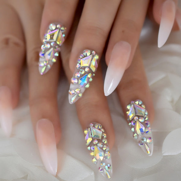 Stiletto ombre French nails with rhinestones 