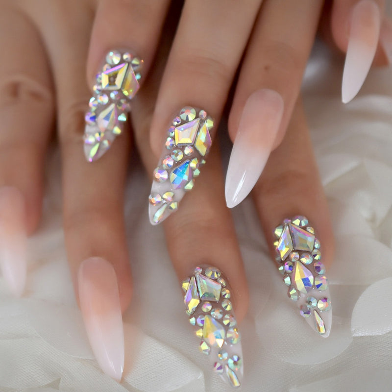 Ombre French Tip Stiletto Rhinestone Nails – SB Lux