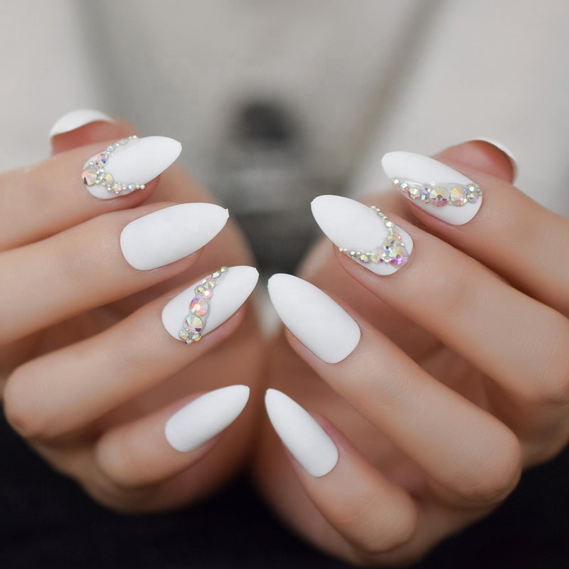 Ocarina - White matte nails with rhinestones 