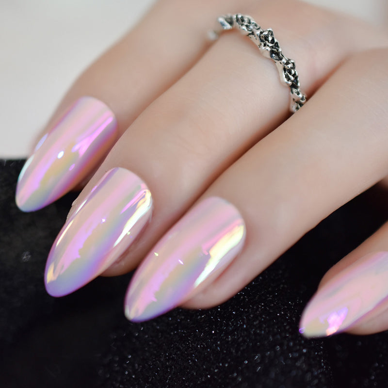 Sereia - Bright Pink Holographic stiletto oval shape nails 