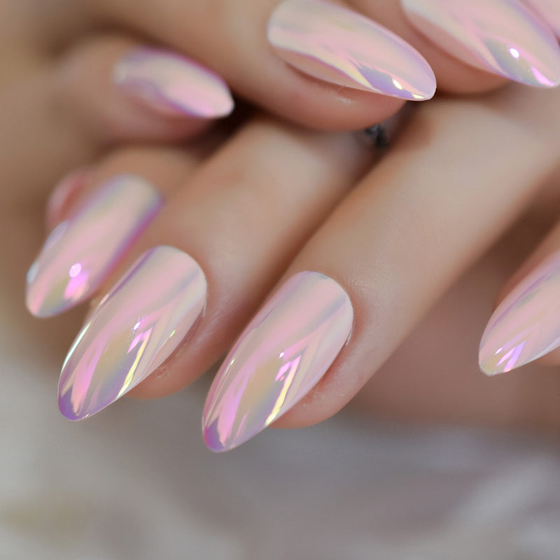 Sereia - Bright Pink Holographic stiletto oval shape nails 