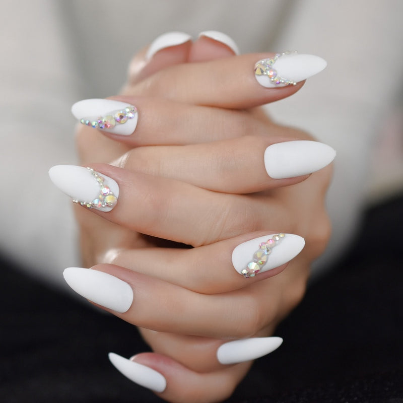 Ocarina - White matte nails with rhinestones 