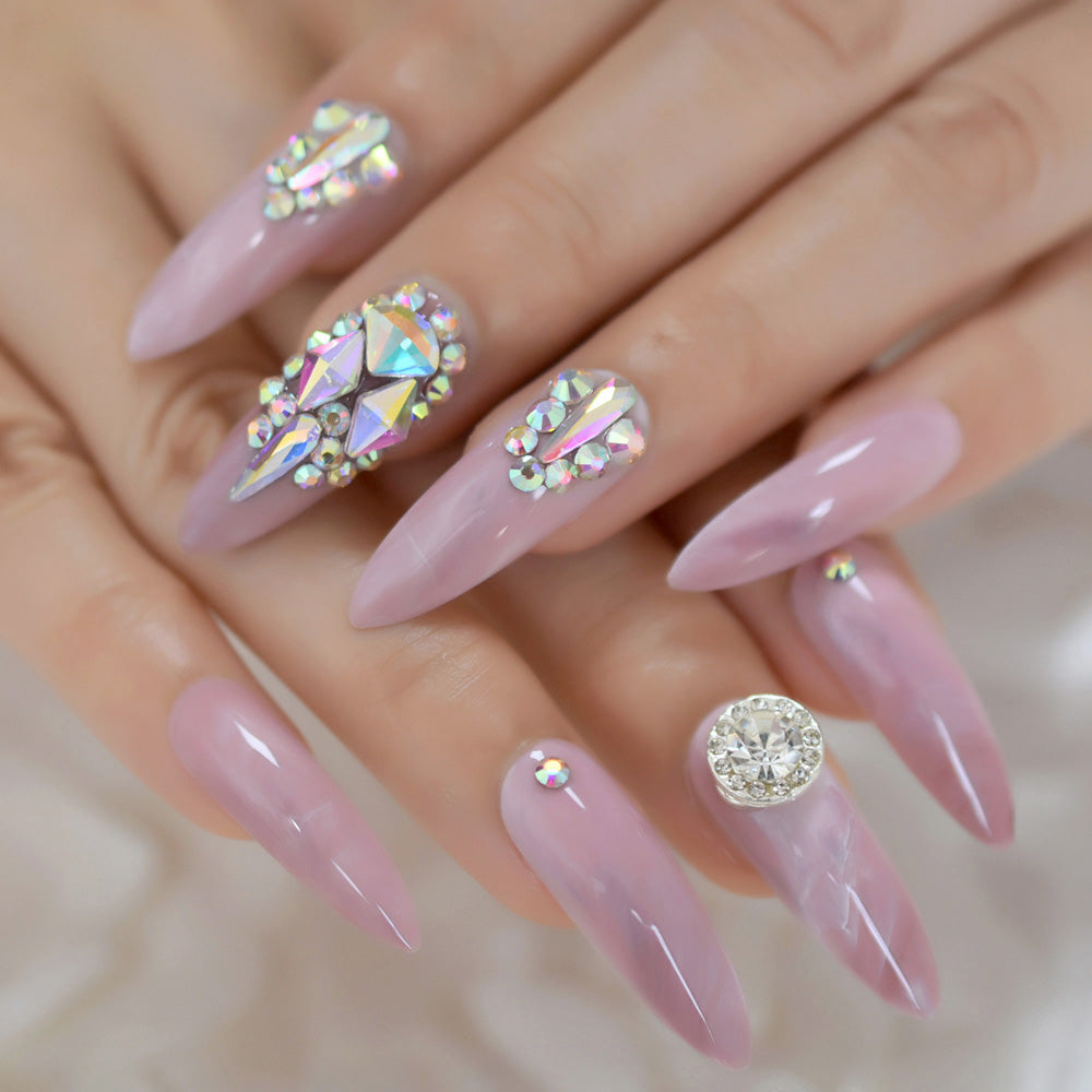 Pink Rhinestone Press on Nails Sheer Pink Jelly Nails With Diamond 