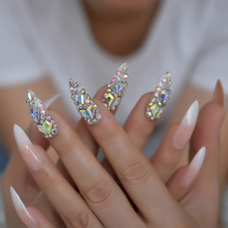 Long stiletto French ombre nails with rhinestones 