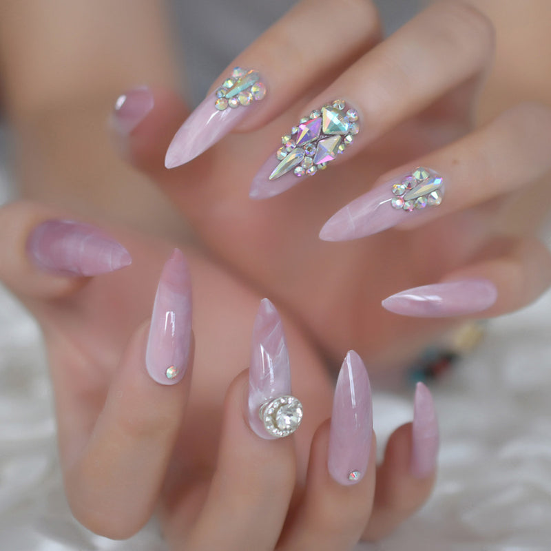 Pink marble rhinestones premium quality false nails