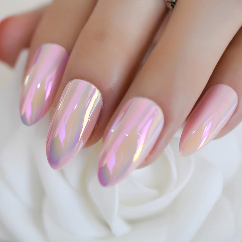 Sereia - Bright pink holographic stiletto oval shape nails 