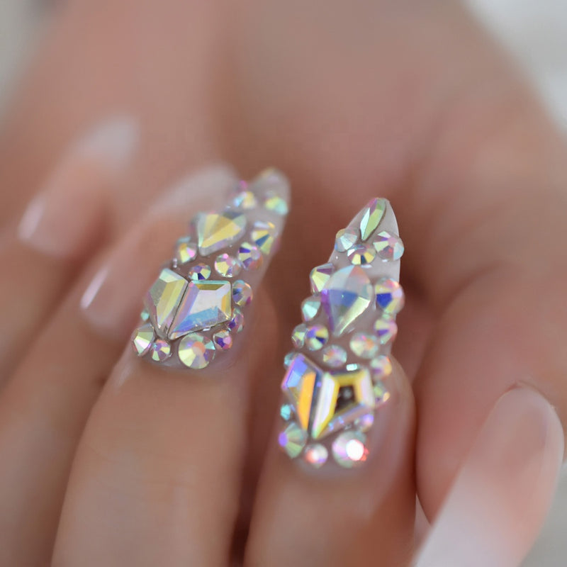 Stilletto French ombre nails with rhinestones 