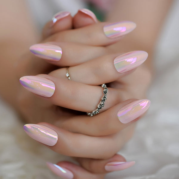 Sereia - Holographic bright pink stiletto oval shape nails 