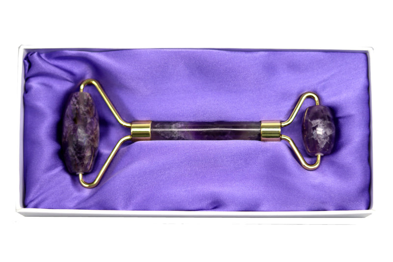 Amethyst Jade Facial Roller in protective lilac silk lined box