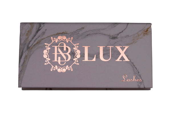 Rose gold marble eyelash box packaging with SB Lux Logo